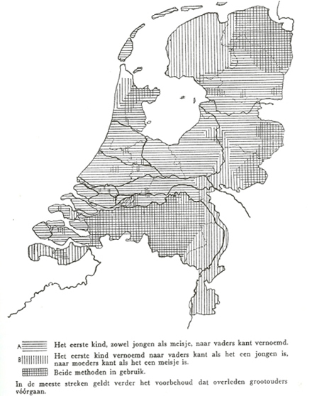 Het kaartje is ontleend aan ‘Voor- en familienamen in Nederland’ van R.A. Ebeling die het weer ontleende aan een studie naar het vernoemen van D.P. Blok uit 1954. 